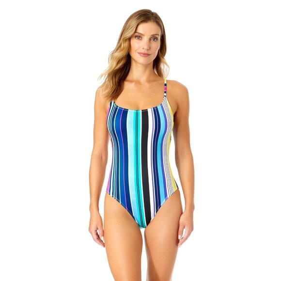 Anne Cole Womens Vintage Scoop Neck One Piece Swimsuit Barcode Stripe Blue 14 - Picture 5 of 6